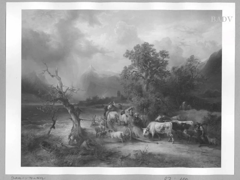 Atmosfera temporalesca su un lago di montagna con carri di fieno e mucche - Führermuseum, Linz